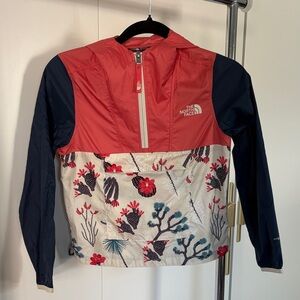 The North Face Coral and Navy Patterned  light wind breaker pullover jacket